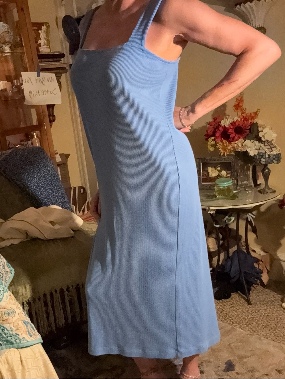 Light Blue Ribbed Square-Neck Midi Dress
